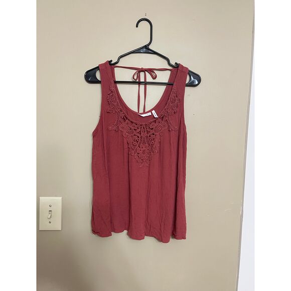 LUQ Orange Eyelet Floral Lace Fall Tank Top Tie Back Large - Picture 2 of 8